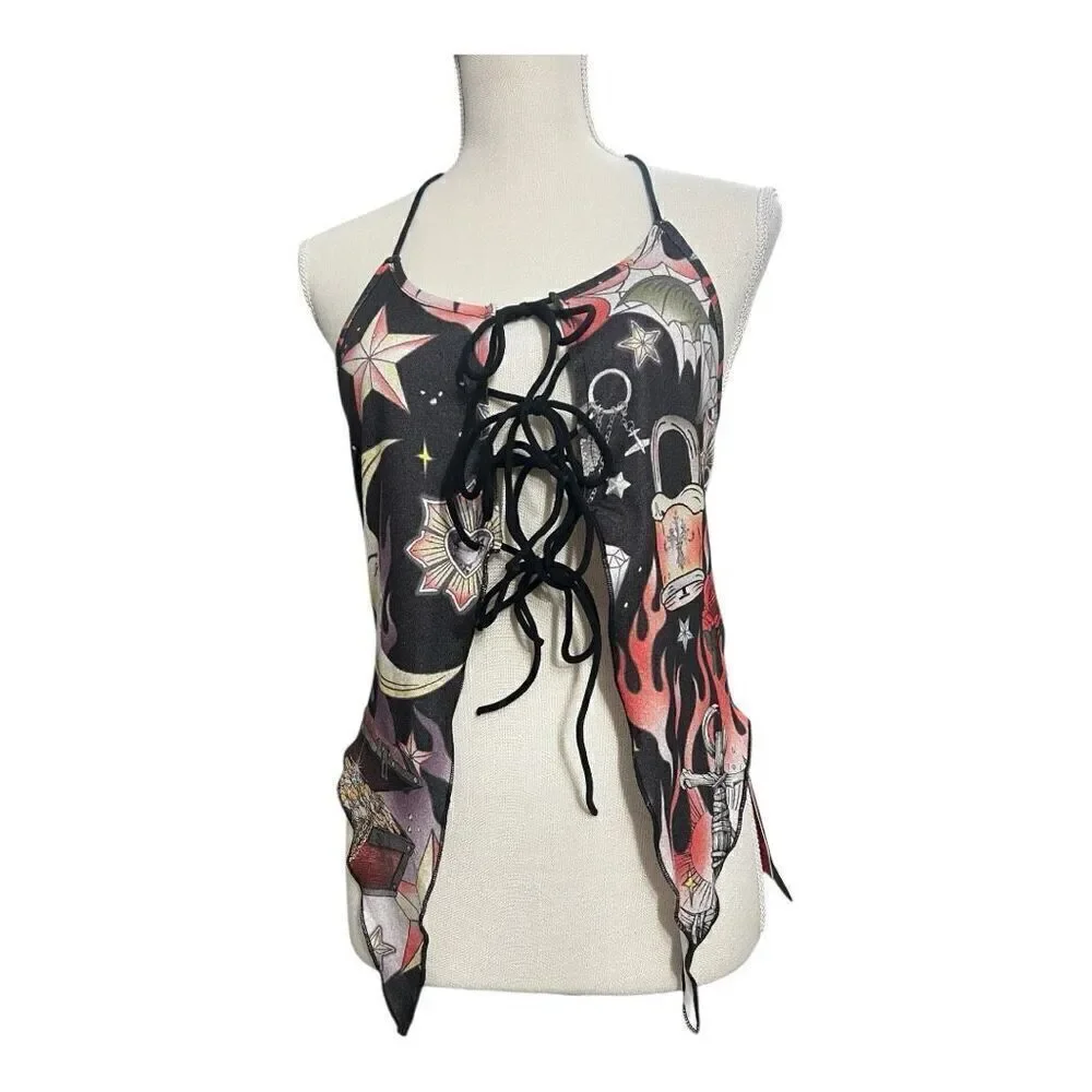 Romwe Black Multicolor Moon Floral Print Halter Top Size L Lace Up Open Back - Picture 1 of 10